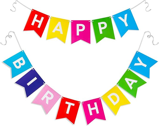 Rainbow Happy Birthday Banner - Hanging Backdrop Sign with White Letters, Bunting Rainbow Birthday Decorations for Women men Kids Baby Shower Party Supplies (13pcs)
