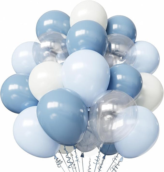 Dusty Blue Balloons, 50pcs 12 inch Dusty Blue Light Blue and White Transparent Balloons for Baby Shower Theme Party Supplies Wedding Birthday Graduation Party Decorations