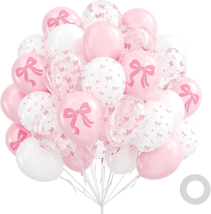 60pcs Pink Bow Balloons 12inch, Pink White Clear Bow Balloons for Coquette Baby Shower Bridal Shower Birthady Party Decorations
