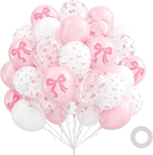60pcs Pink Bow Balloons 12inch, Pink White Clear Bow Balloons for Coquette Baby Shower Bridal Shower Birthady Party Decorations