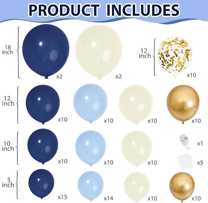 Navy Blue Gold Balloon Arch Kit,Dark Light Pastel Blue Sand White Beige Chrome Gold with Confetti Balloons Garland for Birthday Graduation Wedding Bridal Shower Party Decorations