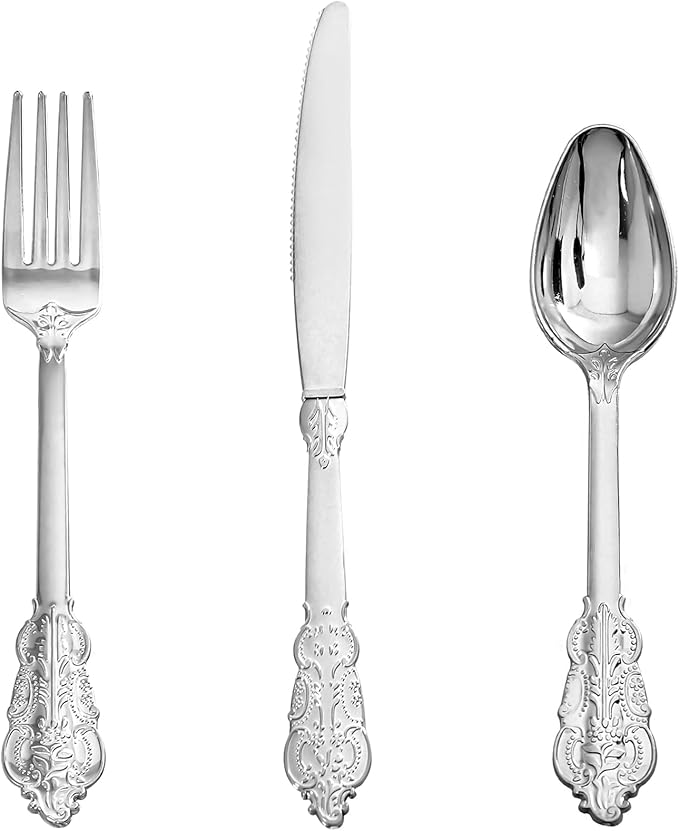 Supernal 360pcs Silver Plastic Silverware Set with Embossed Handles,Vintage Heavy Duty Baroque Disposable Cutlery (120 Forks, 120 Spoons, 120 Knives) | Elegant Utensils for Wedding, Party,Anniversary
