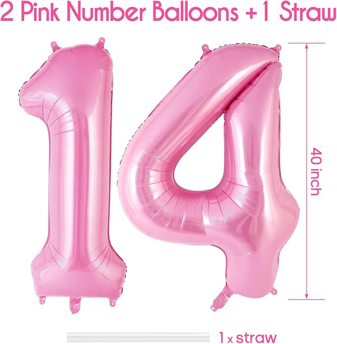 Pink Number 14 Balloon, 40 Inch Big Large Foil Helium Number Balloons, Giant Mylar Number 14 Balloons for 14 Years Old Birthday Party Decorations Supplies Anniversary