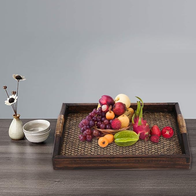 Wooden Serving Tray, Hand-Woven Rattan Rectangle Food Service Display Tray with Raised Handles, 9 Inch Natural Wood and Rattan Decorative Tray for Dining Coffee Table Tea Party