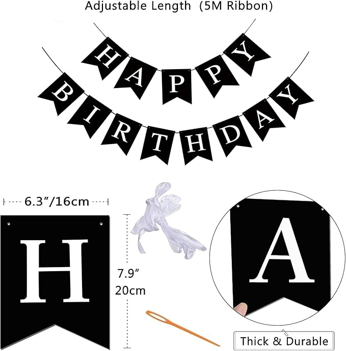 Happy Birthday Banner - Black Birthday Decorations Birthday Sign - for Birthday Party Backdrop Decor, Black Happy Birthday Sign Party Hanging Supplies for Girls Boys and Women