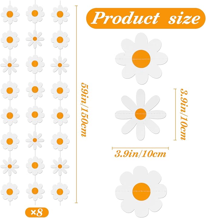 8 Pcs Daisy Boho Party Decorations – Groovy White Flower Paper Garlands, Hanging Banners for Wedding, Birthday, Shower & Retro Hippie Party Supplies