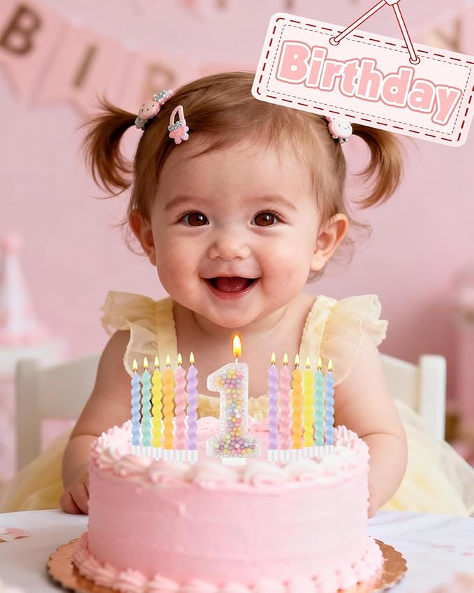 Birthday Candles for Cake, Pink Number Candles, Cake Candles with Greeting Card for Birthday Party Wedding Anniversary Celebrations（1 Candle,White Number Macaron）
