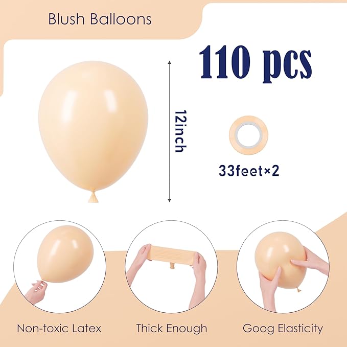 Voircoloria 110pcs Blush Balloons 12inch Nude Latex Party Balloons for Graduation, Wedding, Birthday, Bridal Shower, Baby Shower, Boho Theme Party, Anniversary Party Decorations