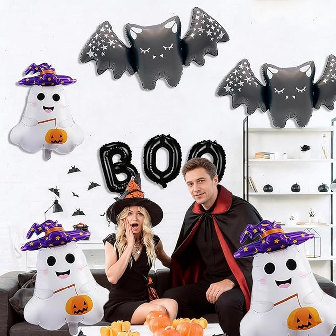 Halloween Balloons Decorations Bat Ghost Balloons BOO Foil Balloon Kit for Halloween Themed Party Supplies Spooky Birthday Party Decorations Balloon Sets-9 Pcs