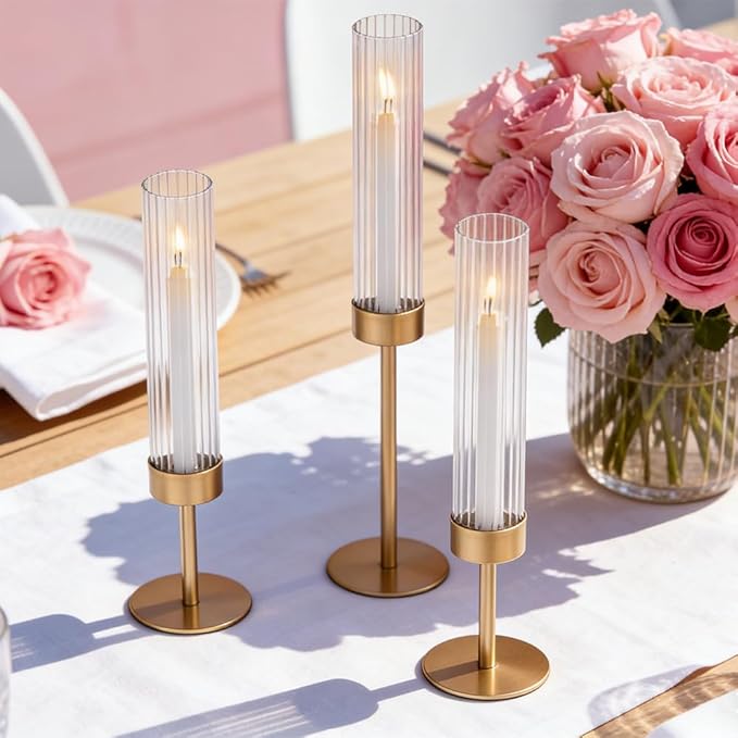 Glass Hurricane Candle Holders Set of 6,Brass Candlestick Holders,Taper Candlestick Holders,Elegant Dining Table Centerpiece for Wedding, Christmas & Home Decor-Ribbed