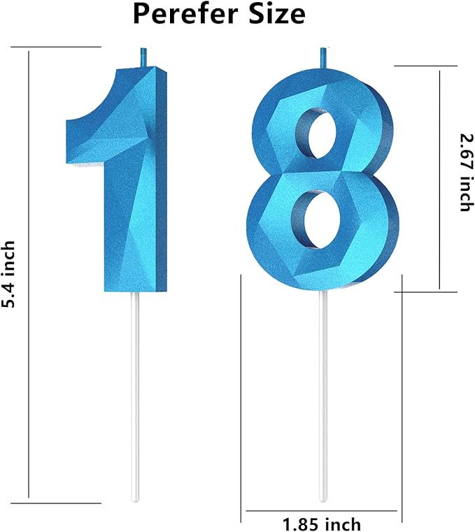 Number Birthday Candles(18 Candle Blue) 3D Diamond Shape Number Happy Birthday Cake Candles for Birthday Party Wedding Decoration Reunions Theme Party