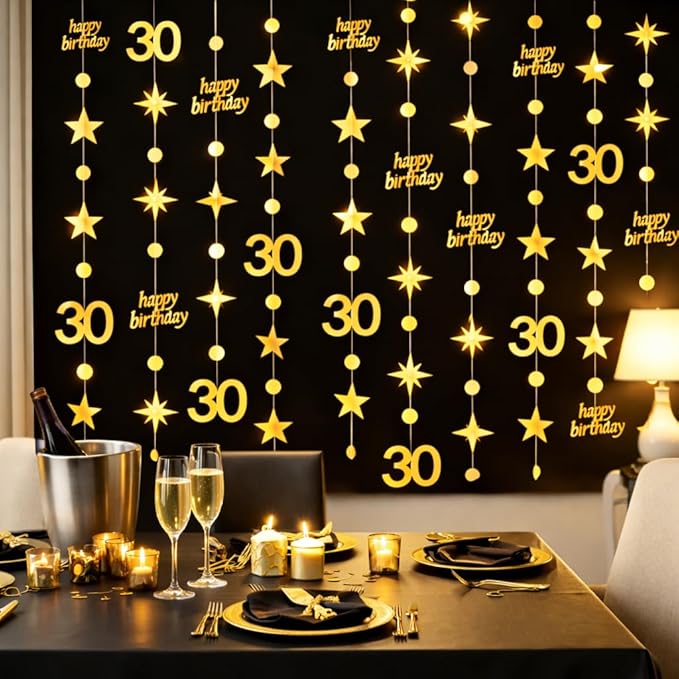 GCQQ Gold 30th Birthday Decoration -4 Packs Gold Happy Birthday Circle Dot Star Garland 46FT Metallic Hanging Streamer Banner Decorations for Her 30 Dirty Thirty BirthdayTheme Party Decor, Pre-Strung