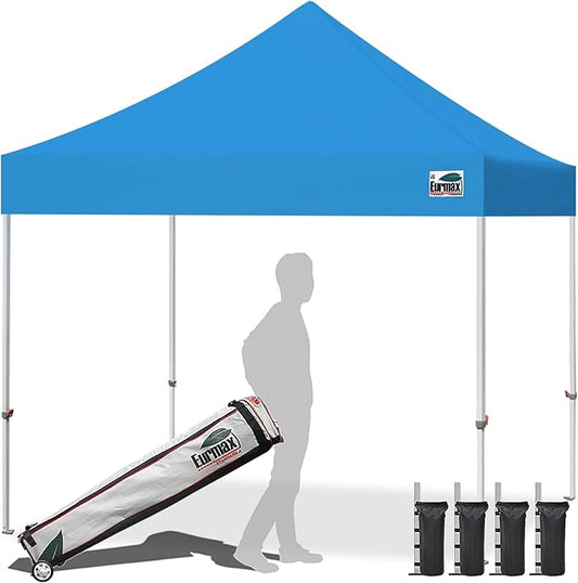 Eurmax USA 10x10ft Pop Up Canopy,Commercial Instant Tent for Outdoor Events,Patented No-Tip Rolling Storage Bag with 4 Sandbags,UV & Water Resistant,Heavy Duty Portable Shelter Gazebo,Sky Blue