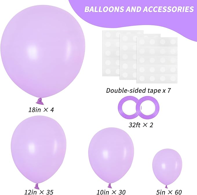 RUBFAC 129pcs Pastel Purple Balloon Arch Kit Different Sizes 18 12 10 5 Inches, Light Lavender Lilac Balloons Garland for Mother's Day Birthday Baby Shower Gender Reveal Wedding Party Decoration