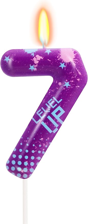STG Birthday Candles for Boys - Number 7 Candle for Video Game Birthday Cake Topper, Fort Battle Level Up Sandbox Games Birthday Party Supplies (Purple)