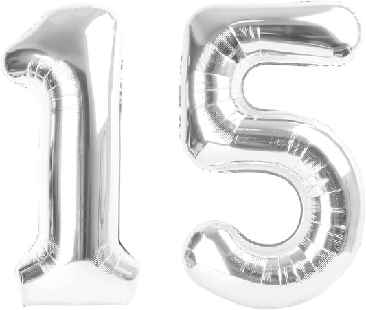 Balloon 15 Numbers, 40 Inch 15th Birthday Decorations for 1 5 15 51, Silver Big Foil Number Balloons for Wedding Store Anniversary Party Supplies
