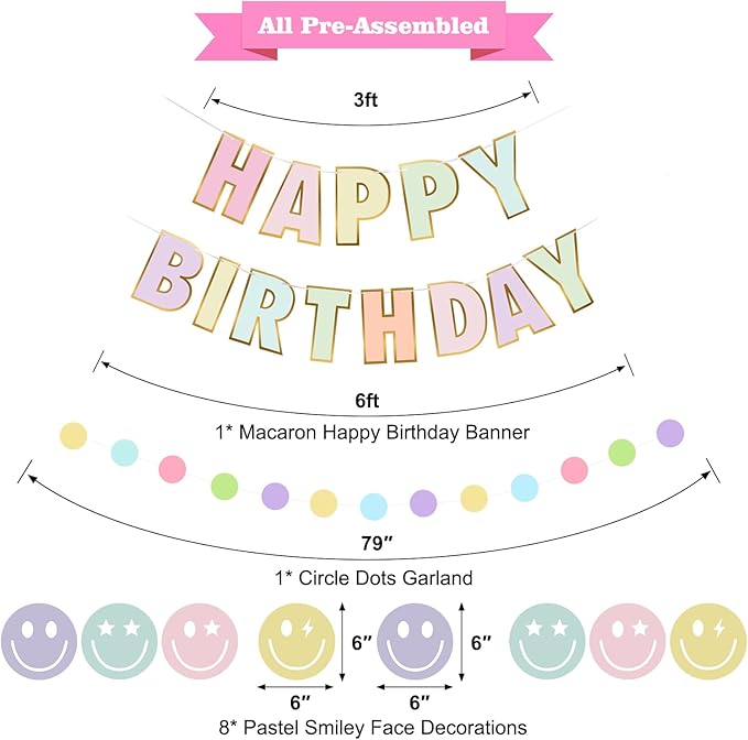Pre-Strung Happy Birthday Banner, NO DIY Birthday Decorations with Circle Dot Garland and Preppies, Happy Birthday Party Decorations for Women Men Girls Boys (Pastel)