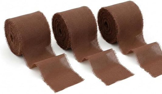 Handmade Chiffon Ribbon 1.5 Inch Wide, 3 Rolls 21 Yards, Earth Tone Frayed Edge Ribbon for Wedding Details, Floral Bouquets, Invitations & Craft Decor (Brown)