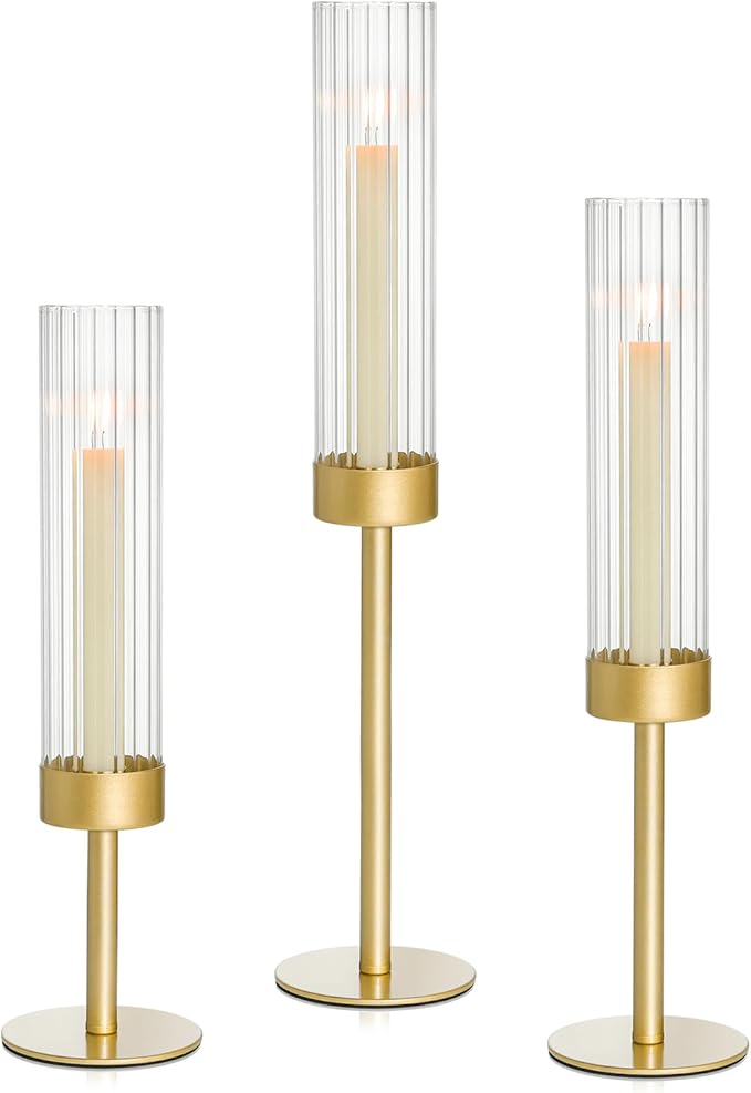 Gold Hurricane Candle Holders Set of 3, Brass Taper Candle Holders for Candlesticks, Elegant Tall Candle Sticks Holder Decor for Table Centerpiece, Wedding & Christmas Decorations