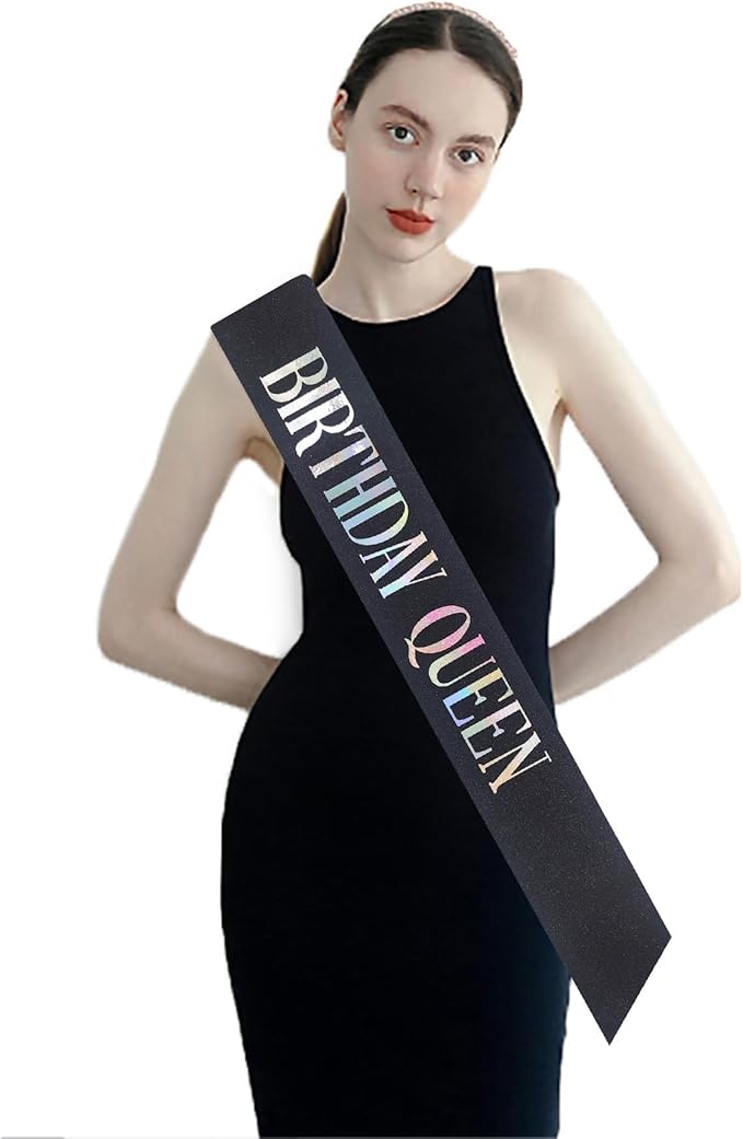 MGJSRNH 'Birthday Queen' Sash for Women,Black Glitter Satin Multicolour Foil Sash,Happy Birthday Princess Party Decorations 16, 18,21,30,40,50 or Any Other Bday Party
