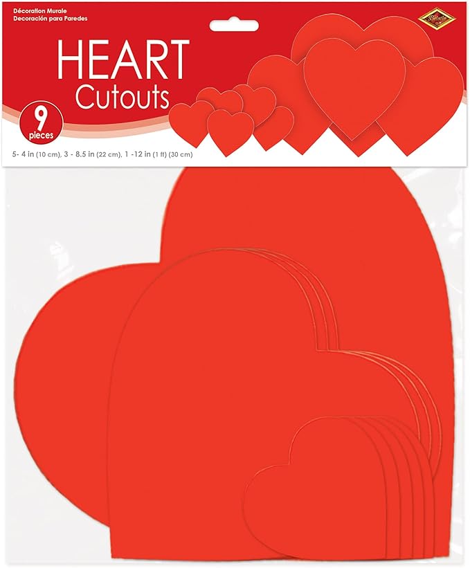 Beistle Printed Heart Cutouts – 9 Red Heart Cardstock Decorations in 3 Sizes for Valentine’s Day Displays, Wedding Celebrations, Romantic Events, Wall and Window Décor, 4”, 8.5”, 12”