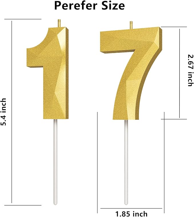 Number Birthday Candles(17 Candle Gold) 3D Diamond Shape Number Happy Birthday Cake Candles for Birthday Party Wedding Decoration Reunions Theme Party