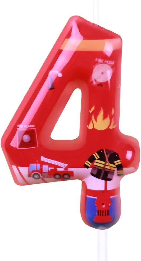Number 4 Candle, Firetruck Fireman Cake Decoration, 4th Birthday Candle Birthday Party Supplies Firefighter Themed Cake Topper Decorations for Kids Boy Girl Party Decor (red, Number 4)