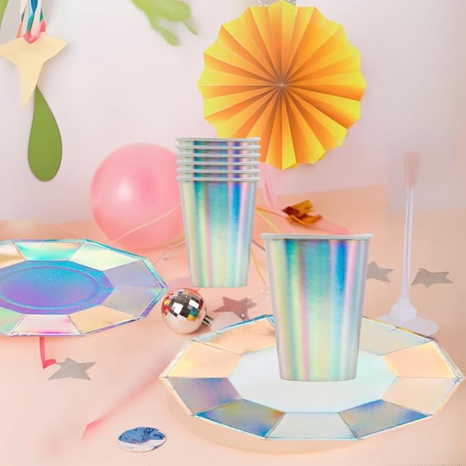 Andaz Press 50 Piece Iridescent Party Plates, Cups and Lunch Napkins Set, Bulk Tableware Set, Iridescent Party Decorations Theme Supplies, Holographic Silver Decorations Tableware Kit