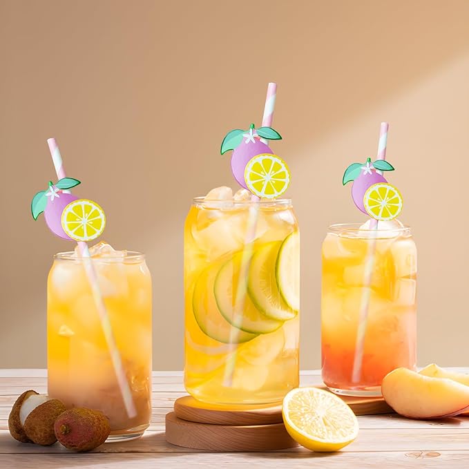 Lemonade Stand Paper Straws - 100PCS Fresh Lemonade Party Decorations Supplies, Lemon Bar Cocktail Striped Straw for Drinks, Birthday Decor for Summer Disposable (Pink)