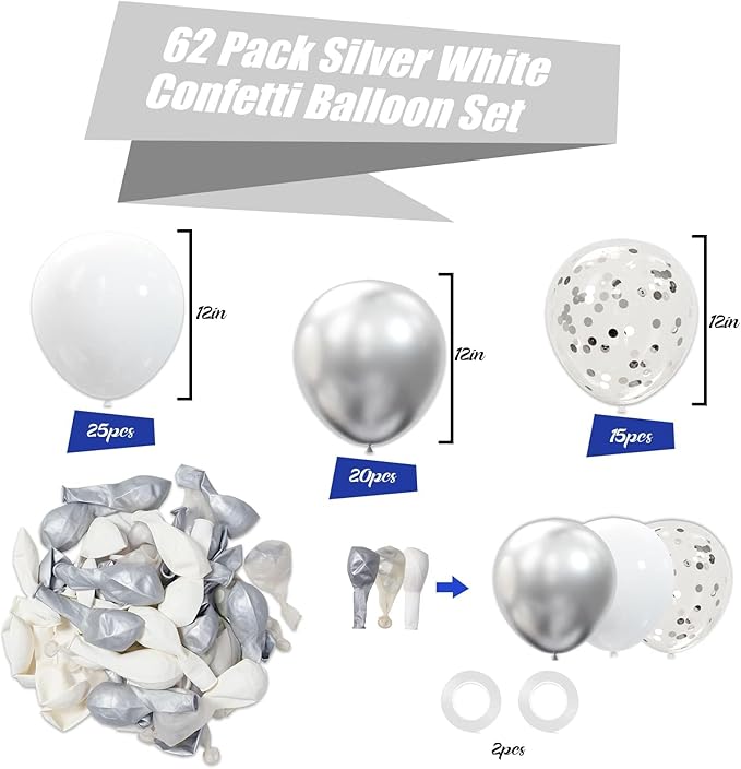 62pcs Party Decorations Balloons Kit - 12 Inches Silver White Confetti Party Balloons for Graduation Birthday Wedding Party Baby Shower Decoration Supplies
