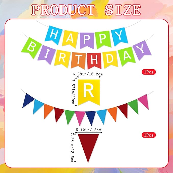 Colorful Happy Birthday Banner Rainbow Birthday Decorations, Rainbow Birthdays Banner Multicolor Triangle Flag Bunting Garland 8PCS Star Hanging Swirls Colorful Party Supplies for Girls Women Boys Men