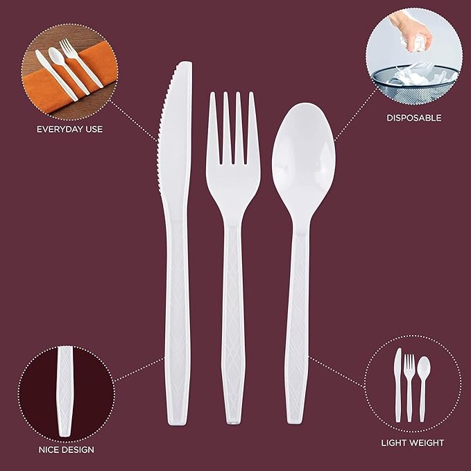 PARTY BARGAINS Argyle White Plastic Cutlery Set 360-Piece – 180 Forks, 120 Spoons, 60 Knives – Heavy-Duty Disposable Utensils for Parties, Weddings, Buffets, BBQs & Catering – BPA Free
