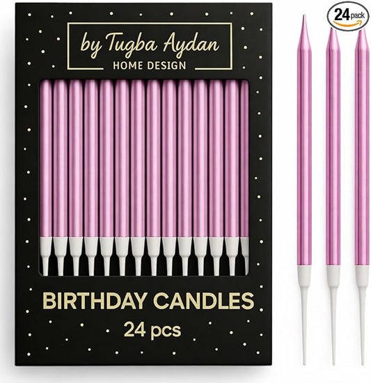 by Tugba Aydan - Pink Birthday Candles, 24 Pack, Long Thin Metallic Cake Candles with Holders, Elegant Pink Candles for Cakes, Cupcakes & Parties