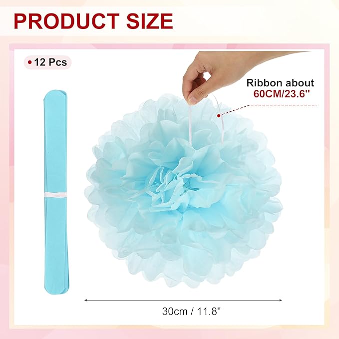PATIKIL 12inch Tissue Paper Pom Poms, 12PCS Pom Poms Paper Flowers Ball Tissue Paper Flowers for Wedding Bridal Shower Birthday Bachelorette Party Backdrop Decoration, Light Blue