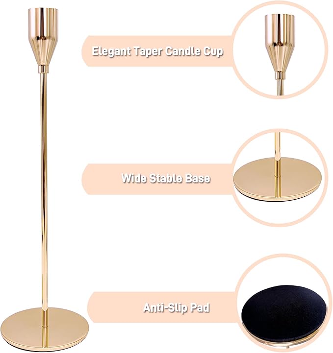 Candlestick Holders, Set of 3 Taper Pink Gold Candle Holder Decor for Date, Festival, Wedding, Party, Dinning or Anniversary, Fit 3/4" Thick Pillar Candles & Led Candles