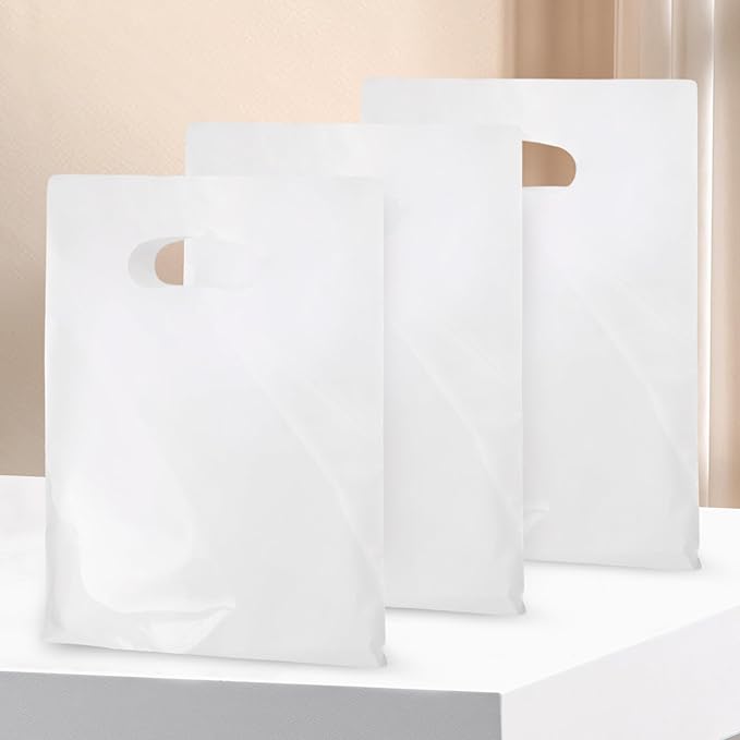 100 PCS White Small Gift Bags, 6"x8" Party Favor Goodie Bags, Treat Retail Pouches with Handle for Kids Birthday, Christmas, Small Businesses