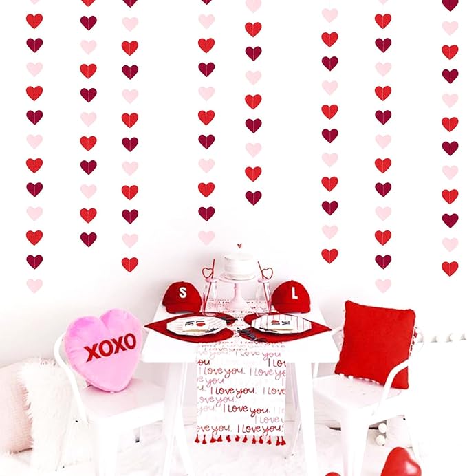Burgundy-Red Light-Pink Valentines Party-Decorations Heart-Garland - 52ft Glitter Galentines Hanging Streamers Banner,Women Romantic Special Night Wedding Bachelorette Birthday Backdrop Decor Burgleda