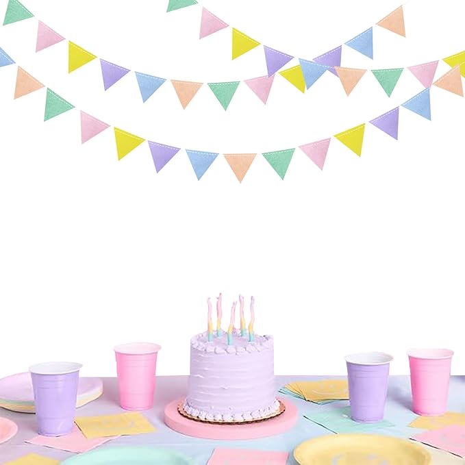 pinkblume Pastel Party Decoration Macaron Felt Hanging Triangle Mini Bunting Pennant Banner Flag for Pastel Colorful Birthday Wedding Baby Shower Engagement Spring Easter Party Classroom Nursery Decor