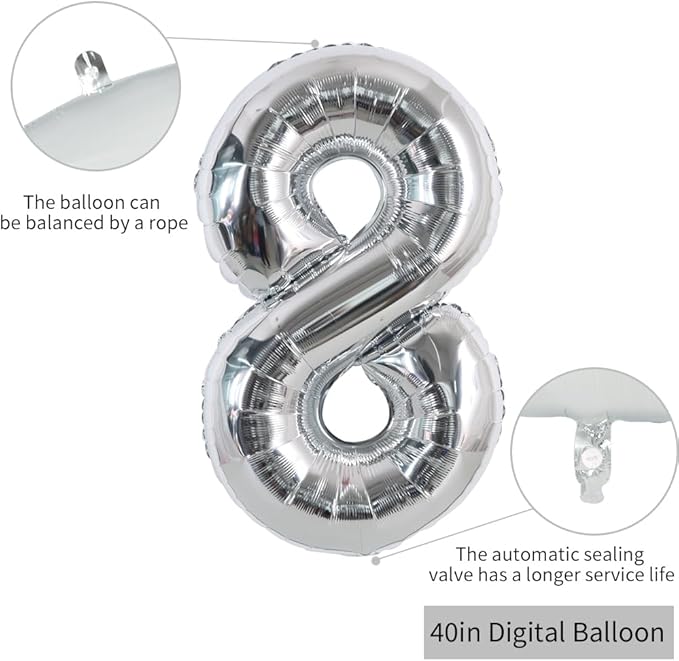 TONIFUL 40 Inch Silver Large Numbers Balloons 0-9, Number 8 Digital 8 Helium Foil Mylar Big Number Balloons for 2026 Graduation New Year Eve Birthday Party Anniversary Supplies Decorations