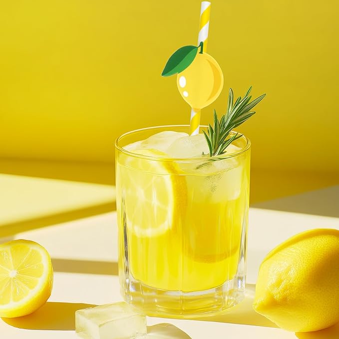 JANYUN 60 Pieces Lemon Paper Straws, 3 Styles of Lemon Decor Paper Drinking Straws for Party Decorations