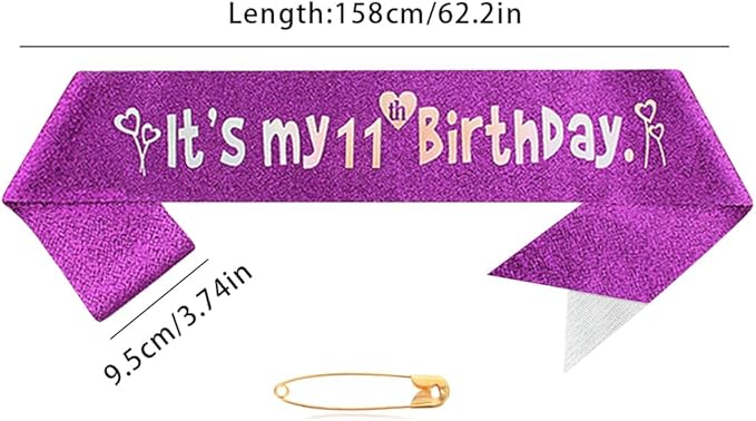 Purple 11th Birthday Sash for Girls Birthday Princess Crown Queen Tiara Rhinestone Birthday Headbands Birthday Girl Sash Happy Birthday Decorations for Girls 11 Year Old Birthday Party Supplies
