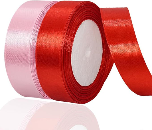 2 Rolls Red Pink Ribbon, 1 Inch x 50 Yards Satin Pink Red Fabric Ribbon for Flower Bouquets, Gift Wrapping, DIY Crafts, Birthday Cakes, Holiday, Wedding Party and Mother’s Day Decorations