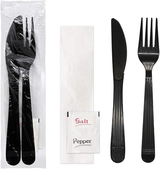 Party Essentials Individually Wrapped Heavy Duty Plastic Utensil Kits, 50 Sets for Party Catering, Fork/Knife/Napkin/Salt/Pepper, Black
