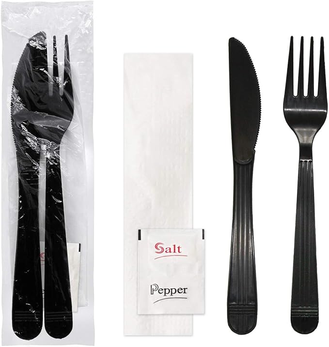 Party Essentials Individually Wrapped Black Plastic Utensil Sets/Heavy Duty Flatware Packs, Fork/Knife/Napkin/Salt/Pepper, 100 Sets