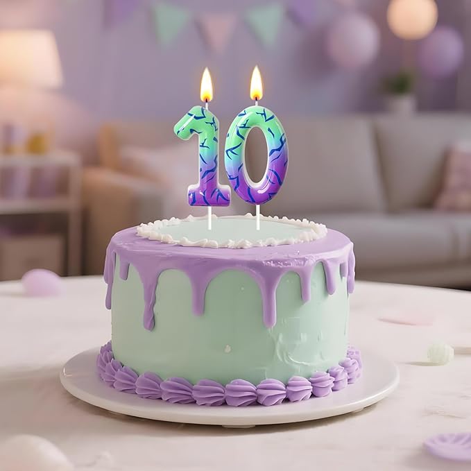 Number 10 Birthday Candle for Cake – Purple Green Gradient Number Candle with Mystic Rune Pattern, Decorative Cake Topper for Anniversary & Celebration