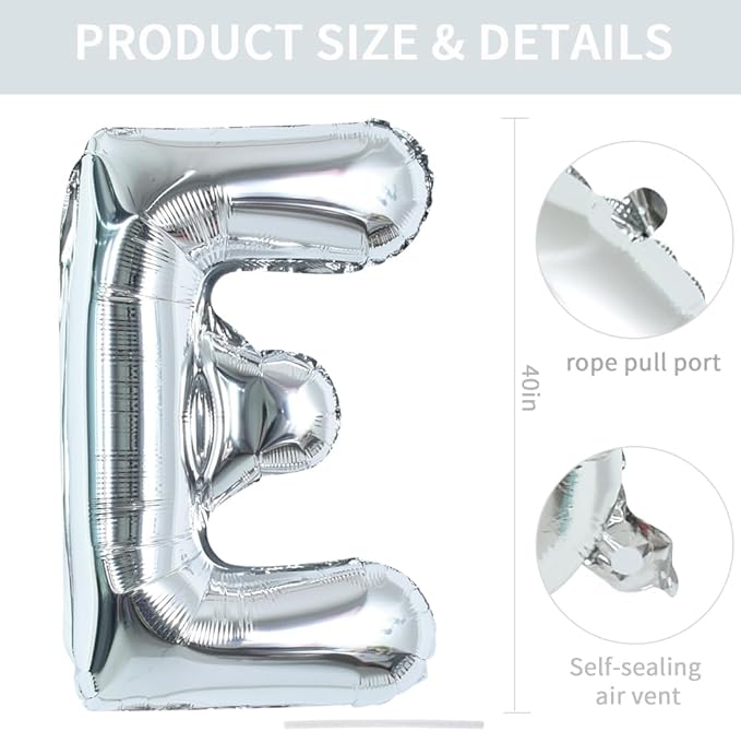 TONIFUL 40 Inch Large Silver Letter E Balloons Helium Balloons,Foil Mylar Big Letter Balloons for 2026 New Year Eve Graduation Wedding Baby Shower Birthday Party Anniversary Supplies Decorations