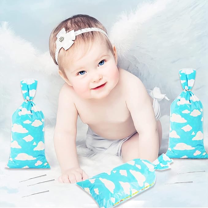 Lecferrarc 100 Pcs Blue Sky White Clouds Treat Bags White Clouds Print Cellophane Candy Bags Cartoon Story Party Favors with Twist Ties for Birthday Party Baby Shower Supplies