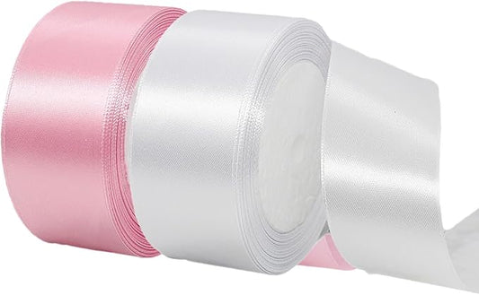 2 Rolls Pink White Ribbon, 1 1/2 Inch x 50 Yards Satin Pink Fabric Ribbon for Flower Bouquets, Gift Wrapping, DIY Crafts, Birthday Cakes, Holiday, Wedding Party and Mother’s Day Decorations