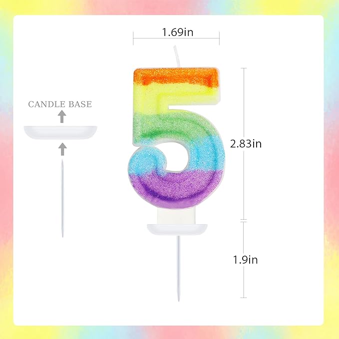 Rainbow Candles for Birthday Cakes, Rainbow Themed Cake Topper Birthday Party Decorations, 5th Number Candle (Number 5)