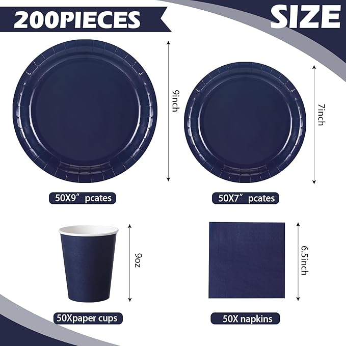 Tioncy 200 Pcs Navy Blue Disposable Paper Plates Cups and Napkins, Graduation Party Supplies Serve 50 Guests Disposable Paper Dinnerware Set for Birthday Wedding Baby Shower Family Picnic